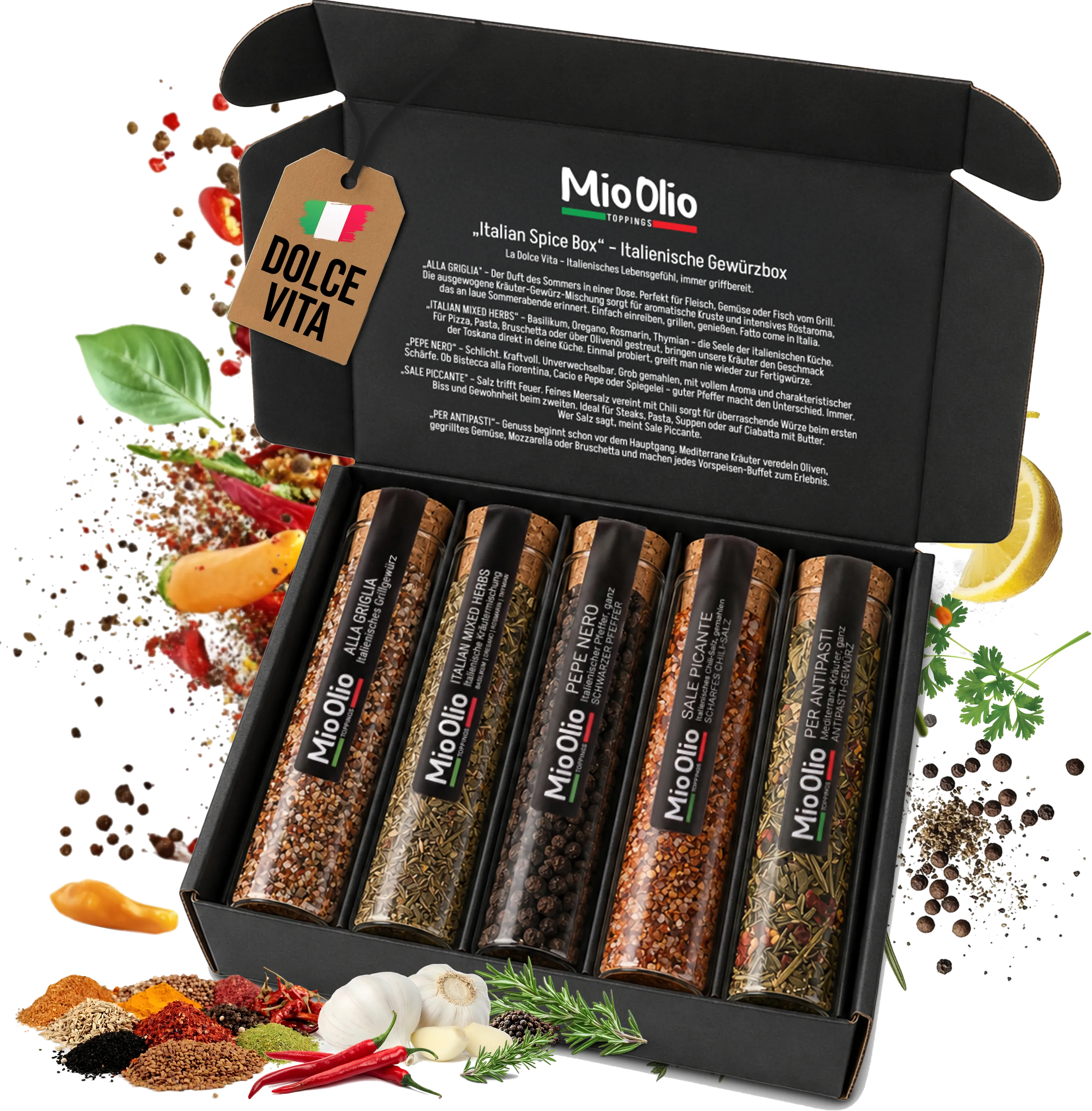 MioOlio Italian Spice Box, italienische Gewürzbox mit fünf Gewürzen